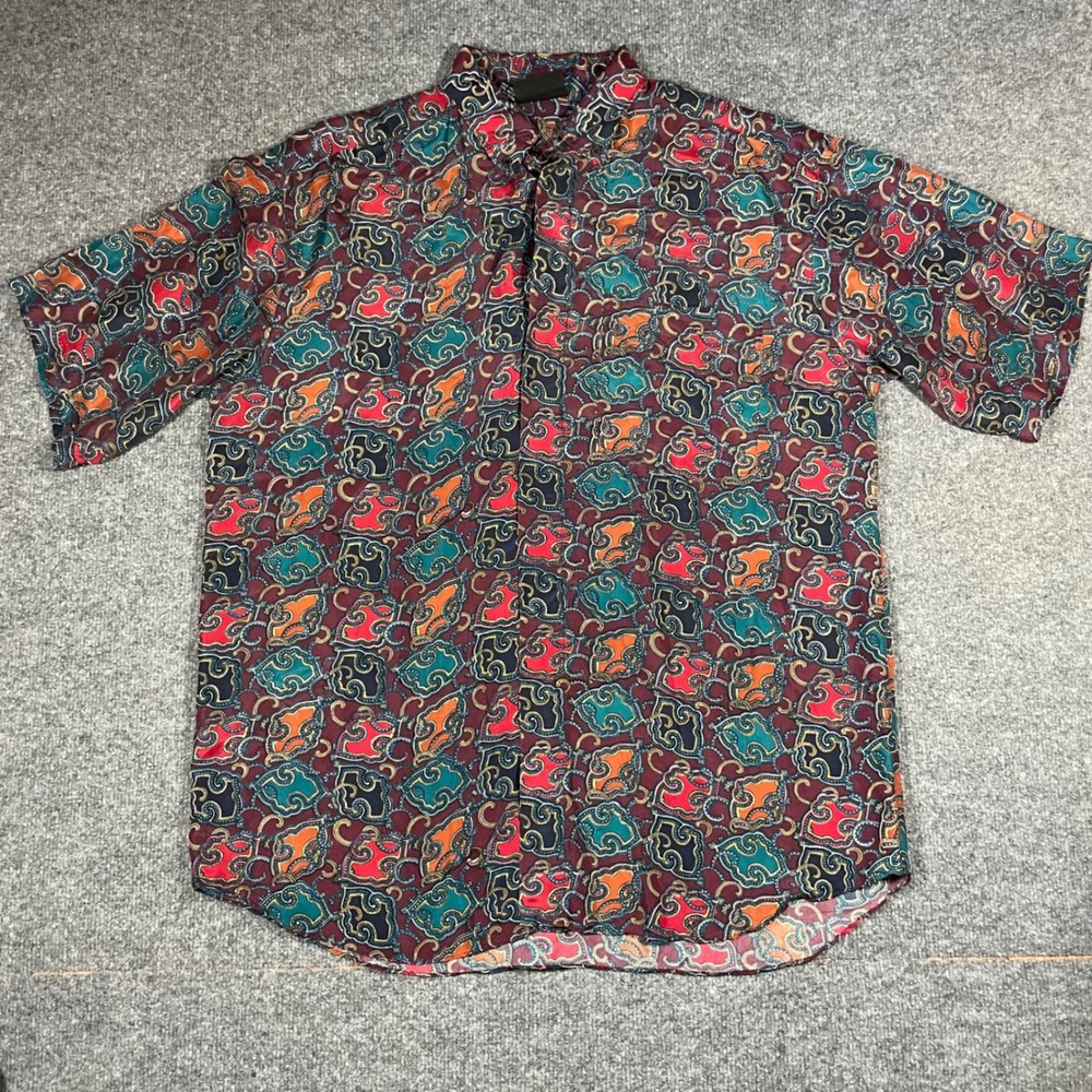 Colore Italia 100% Silk Shirt Mens Large Paisley Tile Print Short Sleeve Artsy